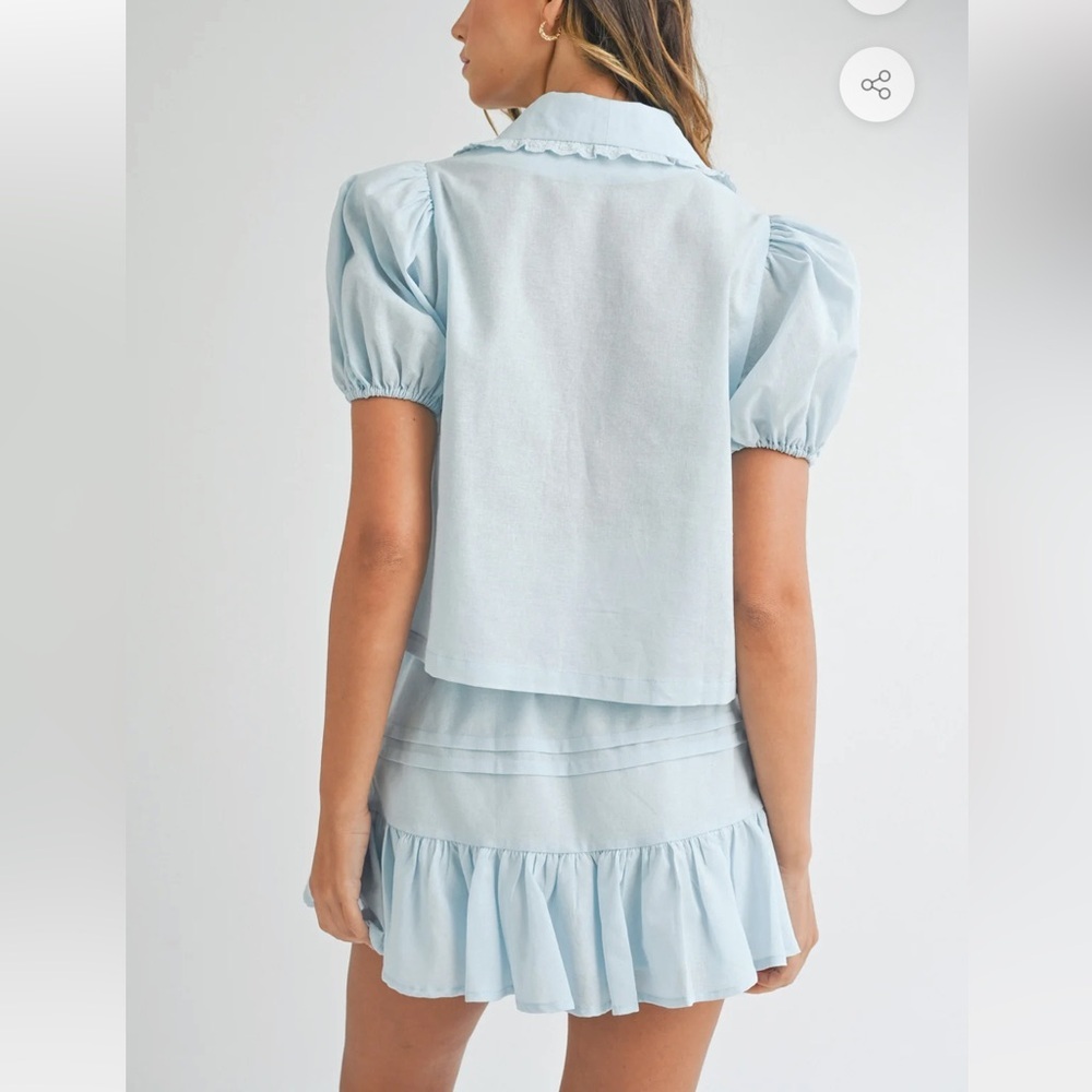 Mable Quinby Lace Collar Blouse and Skirt Set Light Blue - Picture 3 of 8
